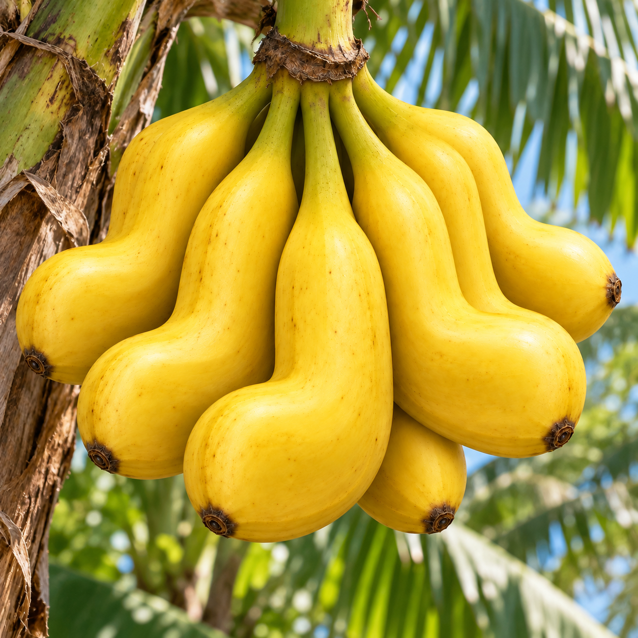 A bunch of uniquely shaped bananas growing together