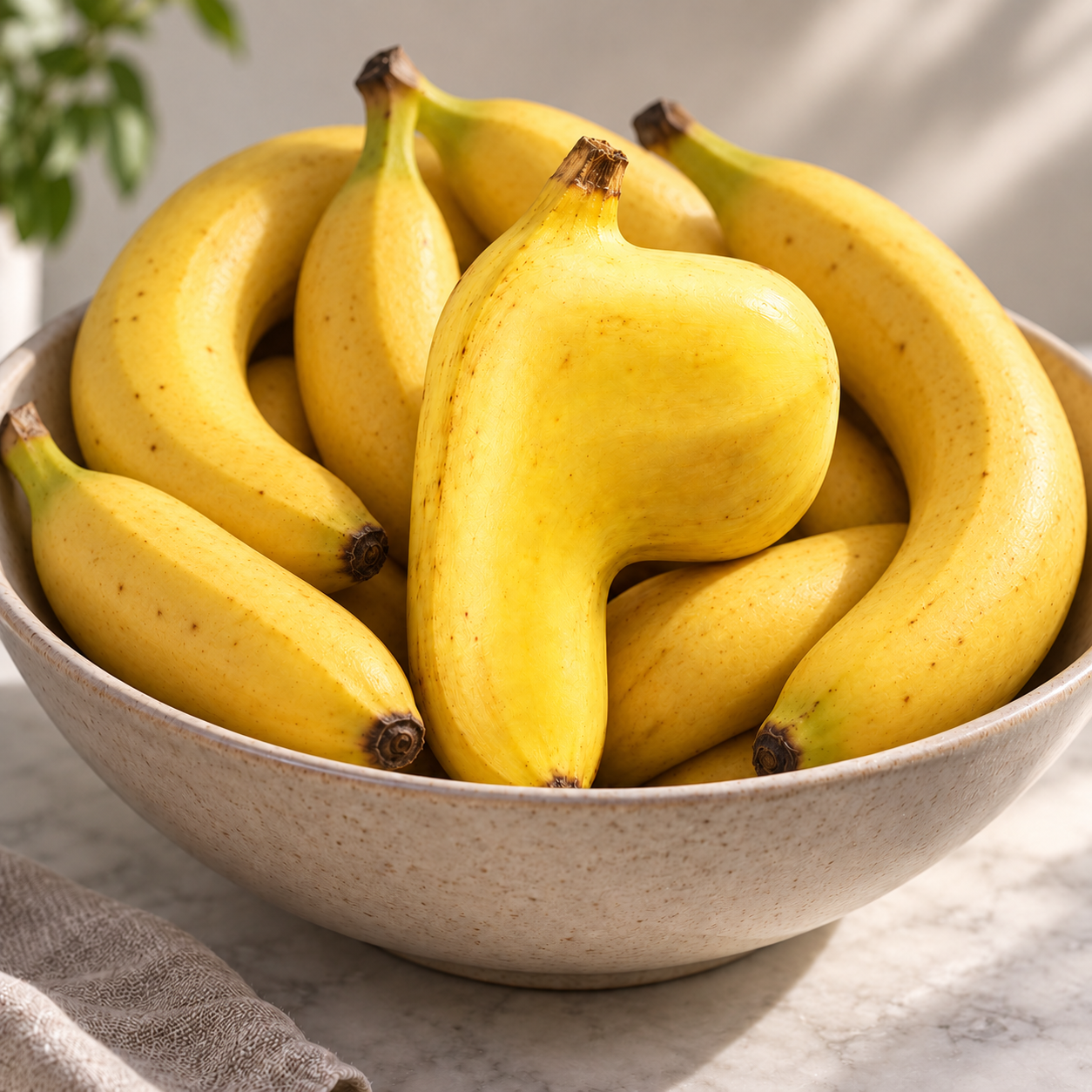 A bowl of normal bananas with one unusual banana standing out